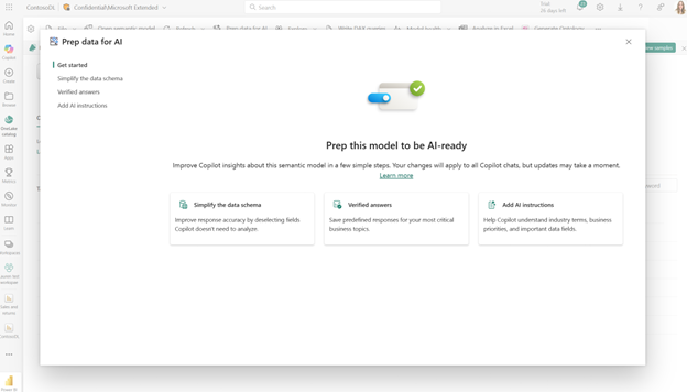 Prep data for AI dialog in Power BI showing AI data schema, verified answers and AI instructions